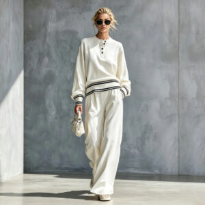 Women's Two-piece Set With A Half-button-front Wide-leg Pants Style