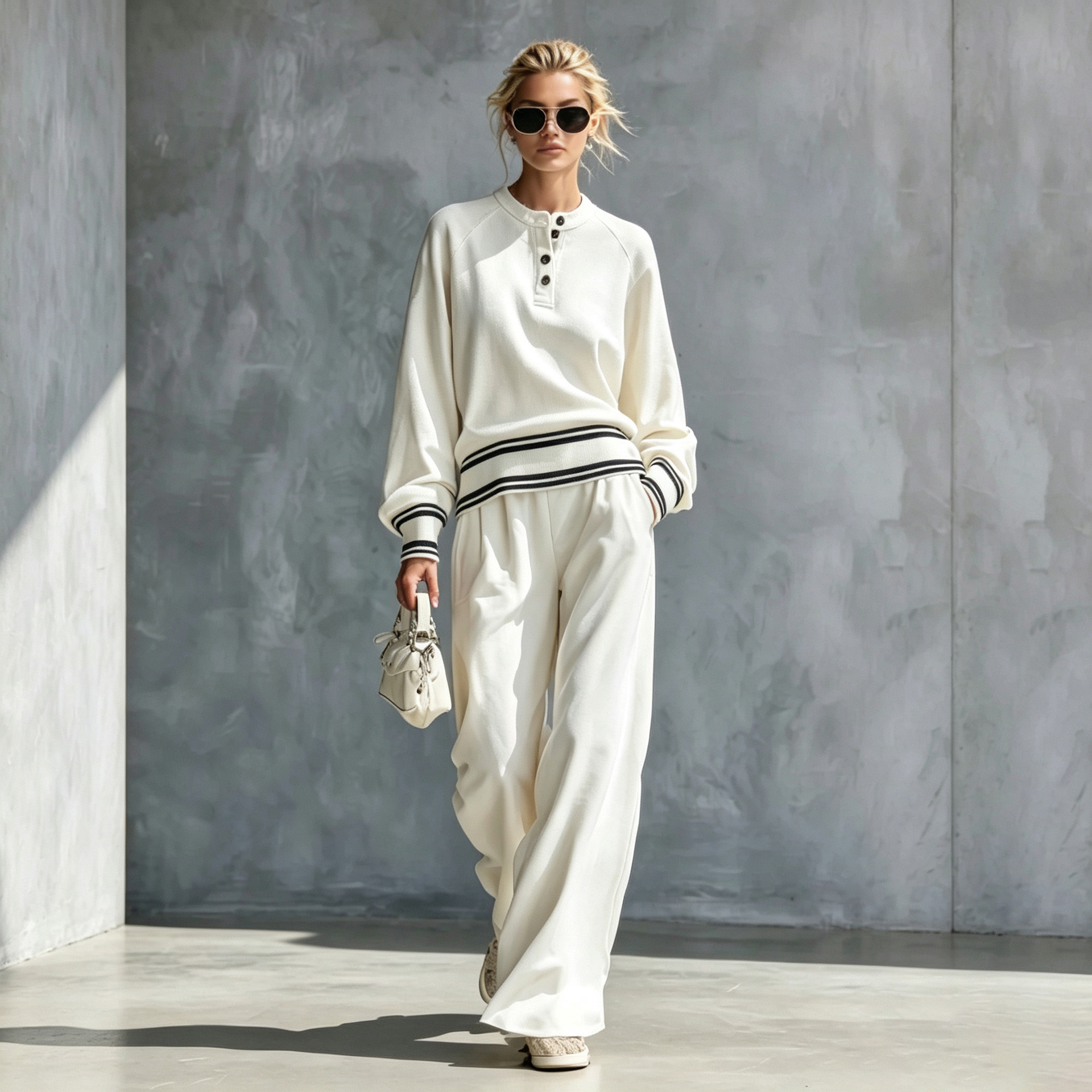 Women's Two-piece Set With A Half-button-front Wide-leg Pants Style