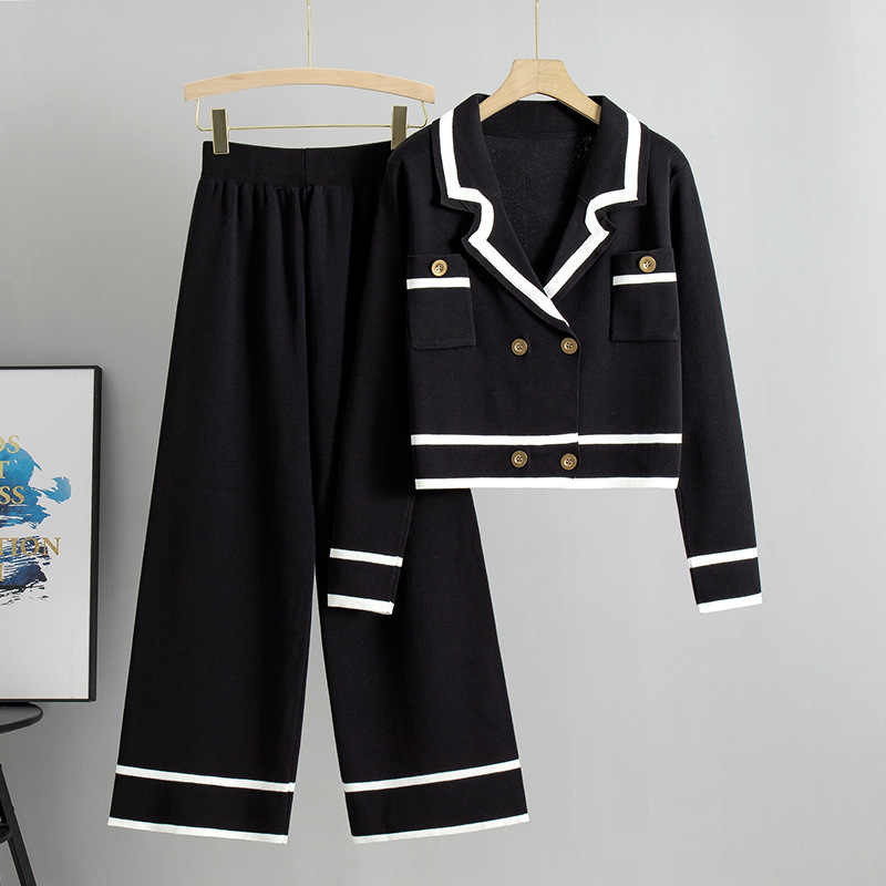 Professional Chic Fashion Knit Cardigan And Cropped Sweater Paired With Wide Leg Pants Two Piece Set For Women - Image 5