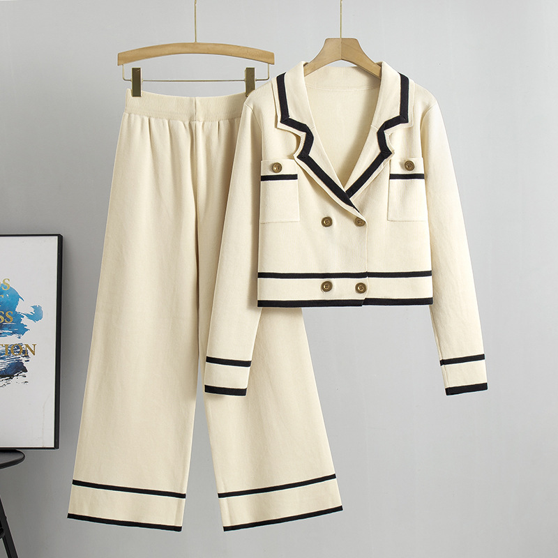 Professional Chic Fashion Knit Cardigan And Cropped Sweater Paired With Wide Leg Pants Two Piece Set For Women