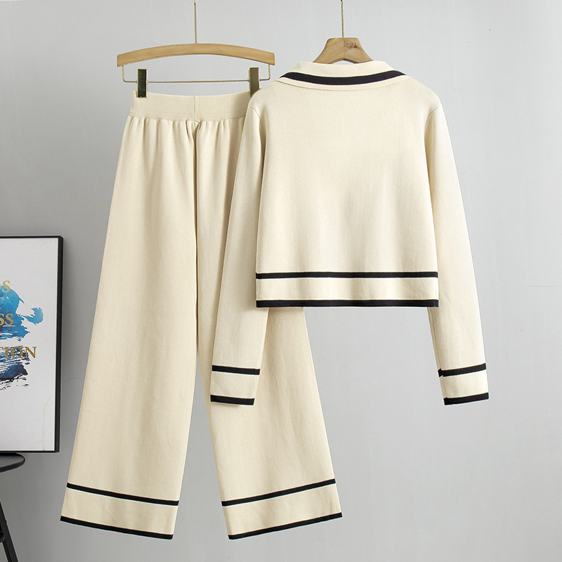Professional Chic Fashion Knit Cardigan And Cropped Sweater Paired With Wide Leg Pants Two Piece Set For Women - Image 6