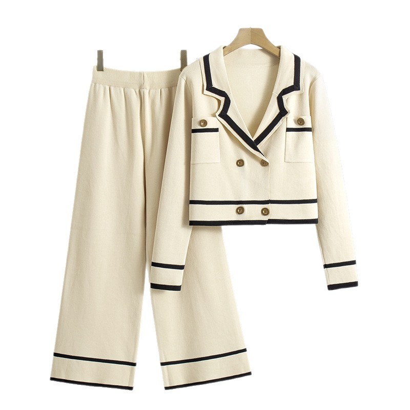 Professional Chic Fashion Knit Cardigan And Cropped Sweater Paired With Wide Leg Pants Two Piece Set For Women - Image 7